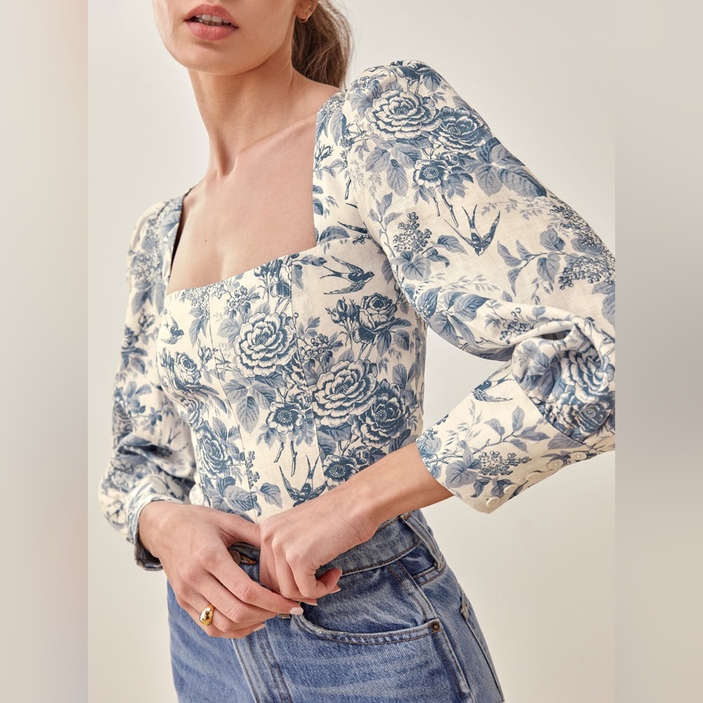 Reformation Linen Stilton Floral Romantic Square Neck Long Sleeve Top Size 10 - Picture 16 of 16